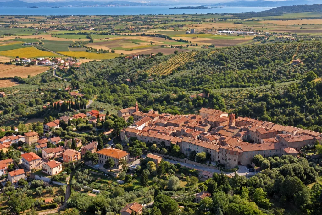 Luftaufnahme von Paciano zwischen Olivenhainen und Feldern mit dem Trasimenischen See und seinen Inseln im Hintergrund.