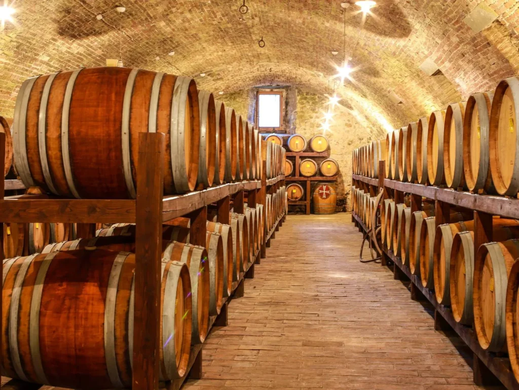 Holzfässer im gemauerten Gewölbekeller des Castello di Magione