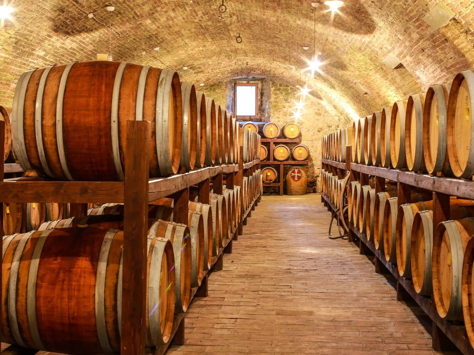 Holzfässer im gemauerten Gewölbekeller des Castello di Magione