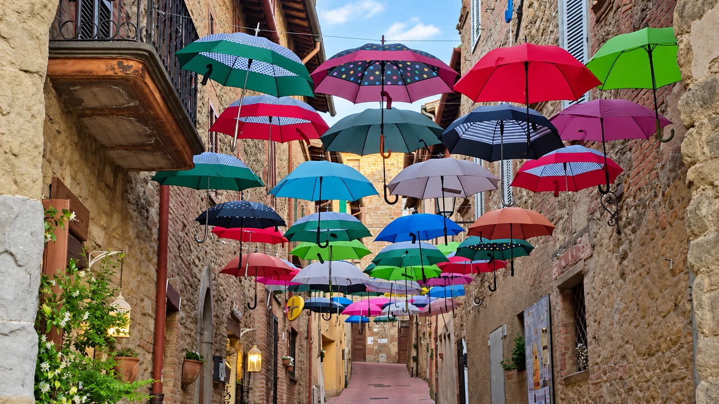 Via degli Ombrelli a Paciano con installazione colorata nel borgo medievale