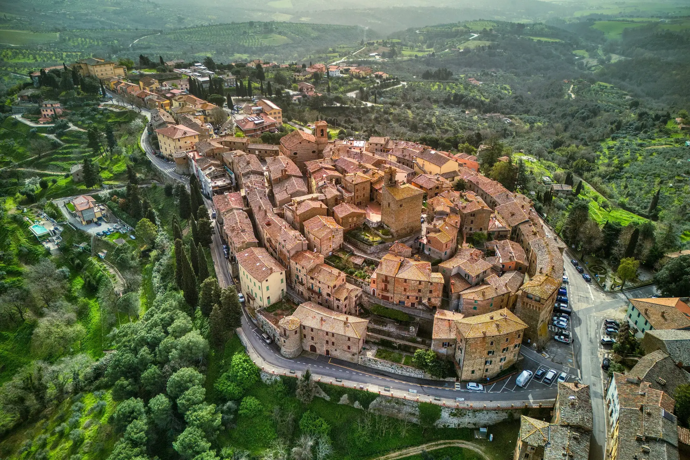 View of historic Panicale among the Umbrian hills