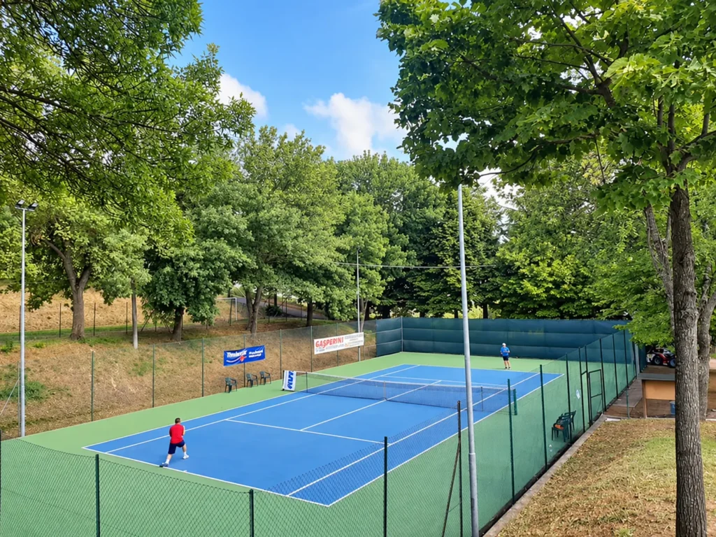 Blau-grüner Tennisplatz von Paciano zwischen Bäumen mit zwei Spielern