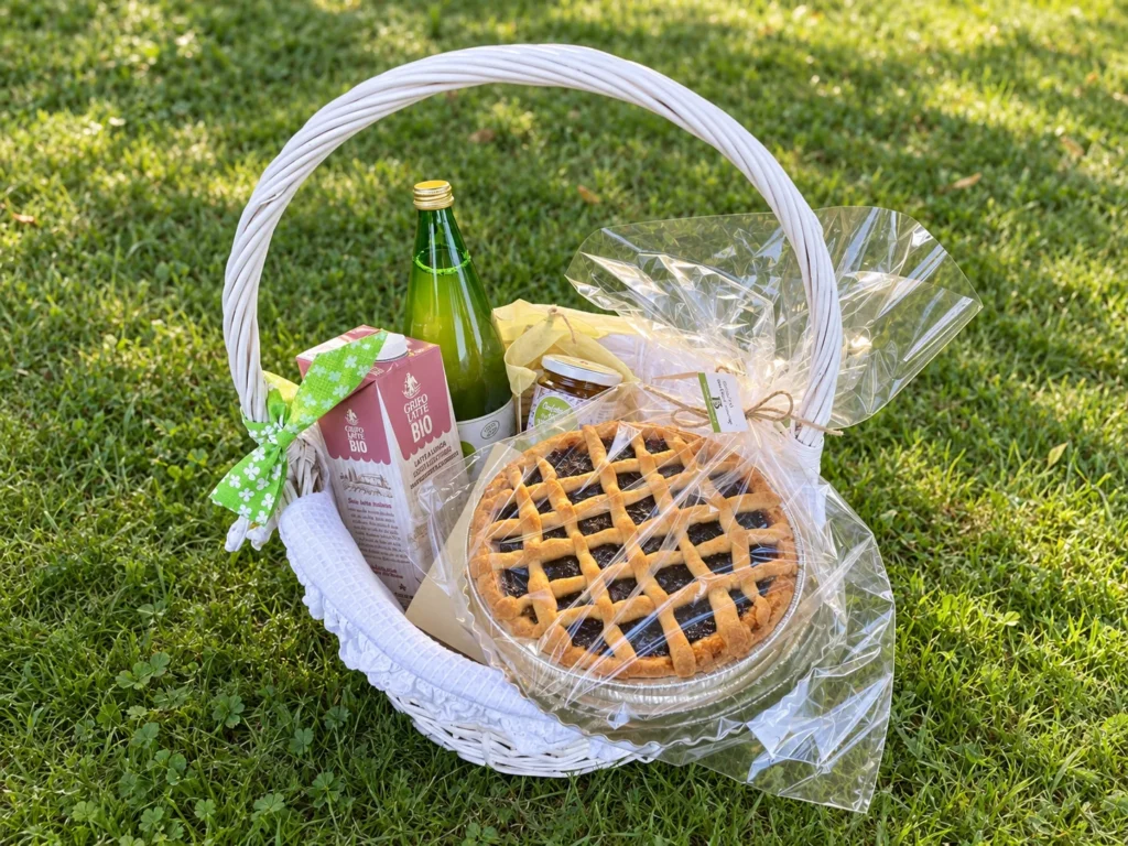 Panier blanc du petit-déjeuner Luxury de Tenuta Badia, avec une tarte emballée, du lait bio, une bouteille et un pot, posé sur l’herbe.