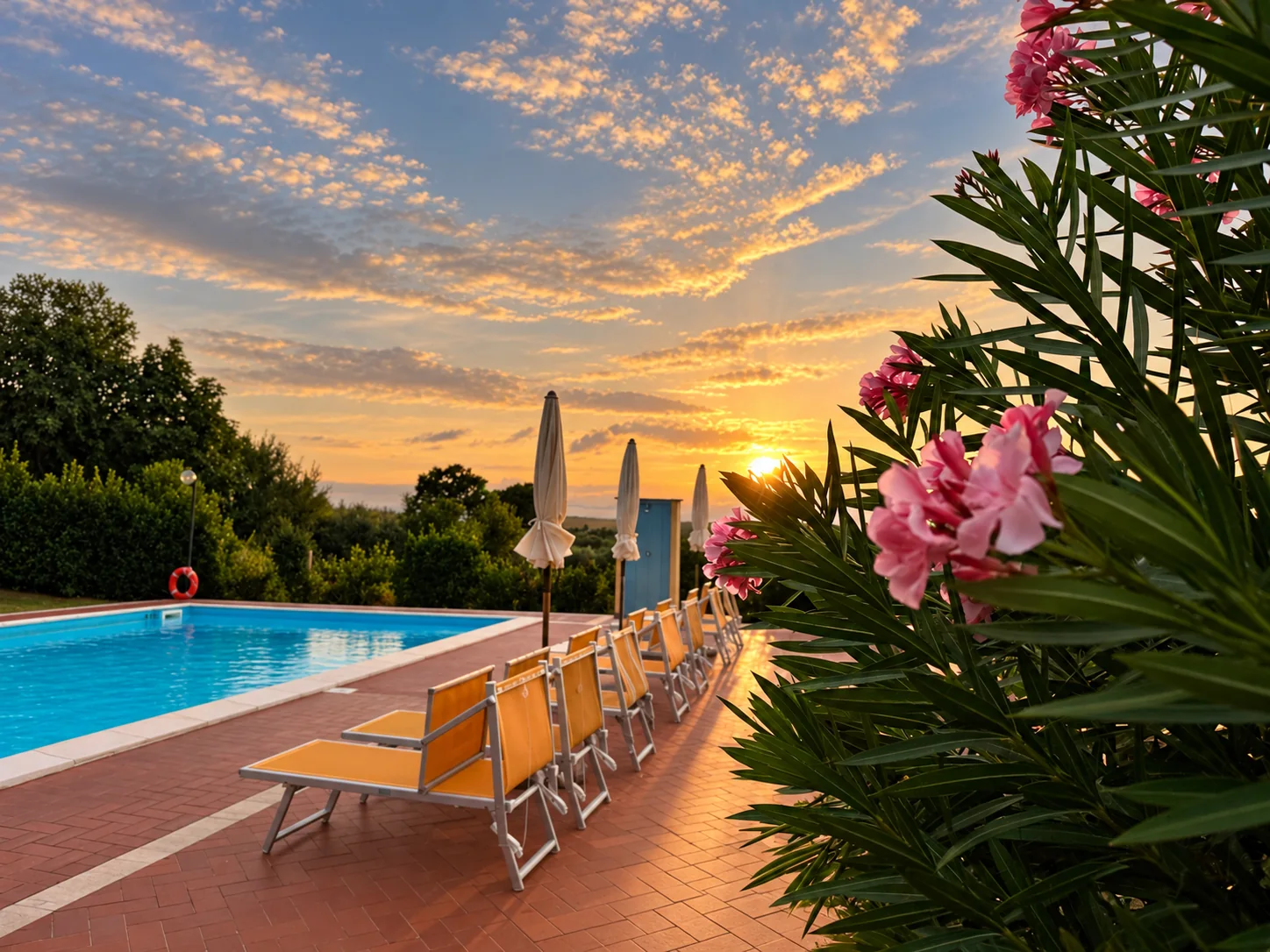 Oleandri rosa in primo piano accanto alla piscina di Tenuta Badia, con lettini gialli e cielo al tramonto.