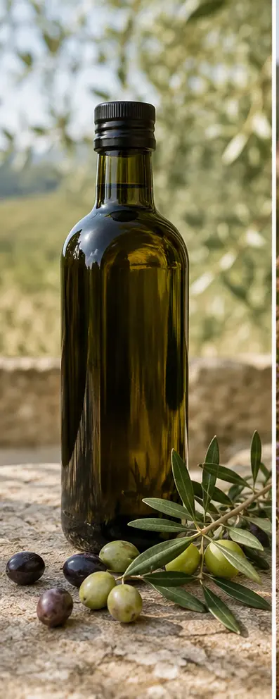 Bottiglia di olio accanto a olive e rami d’ulivo su una superficie in pietra