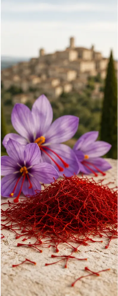 Fiori viola di zafferano e pistilli rossi, con un borgo sullo sfondo