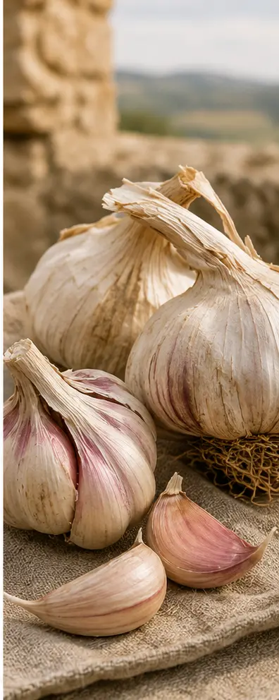 Teste e spicchi d’aglio su un telo rustico