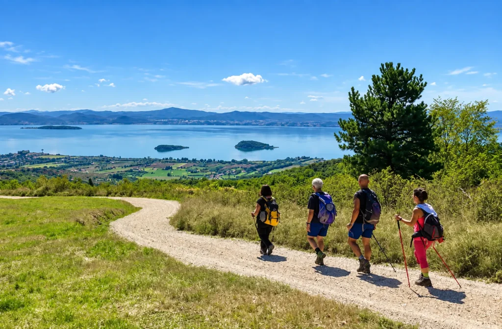 Vier Wanderer auf einem Weg über dem Trasimenischen See mit Blick auf die Inseln