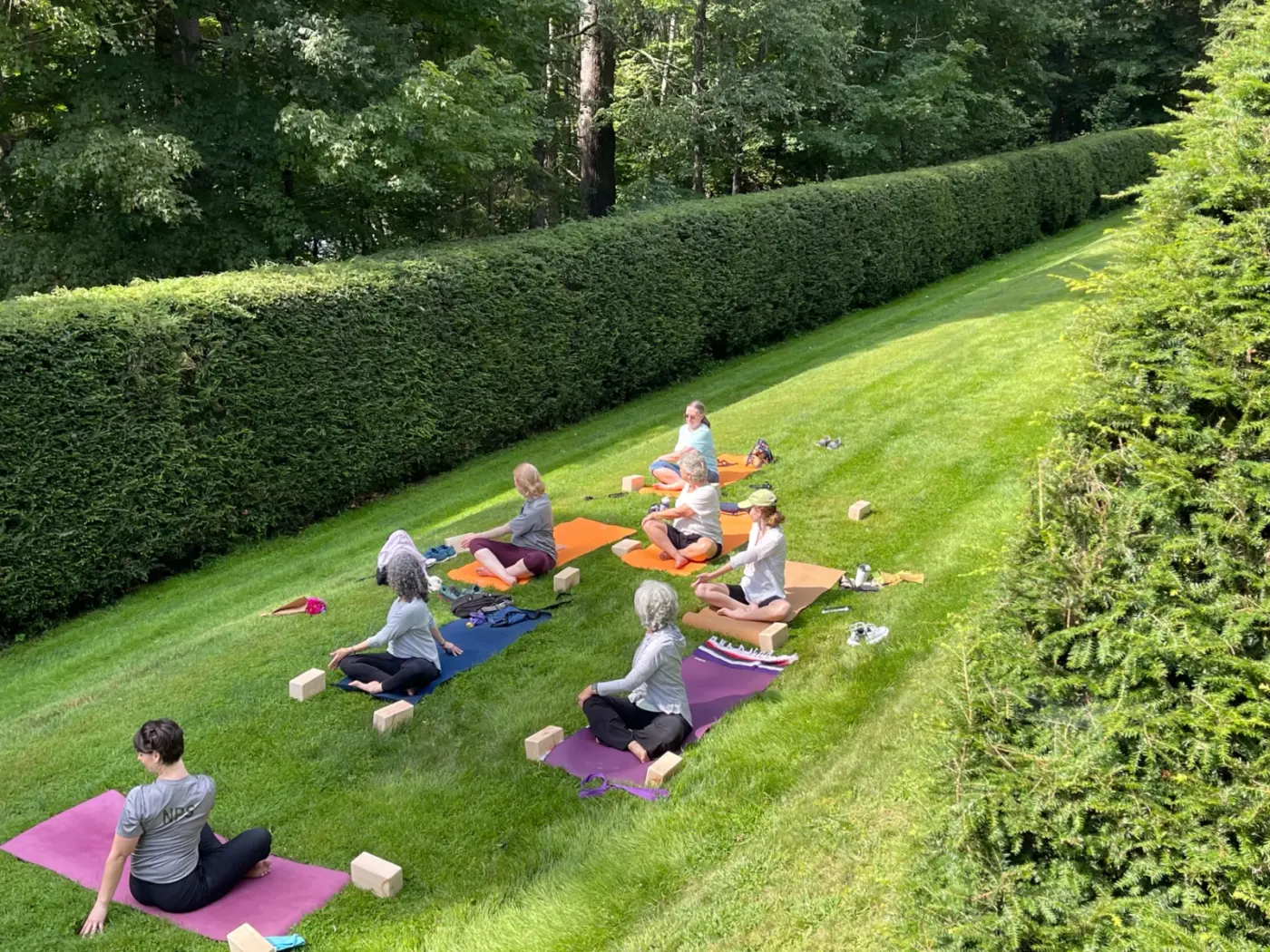 Piccolo gruppo che pratica yoga su tappetini in un giardino del Vermont; foto illustrativa