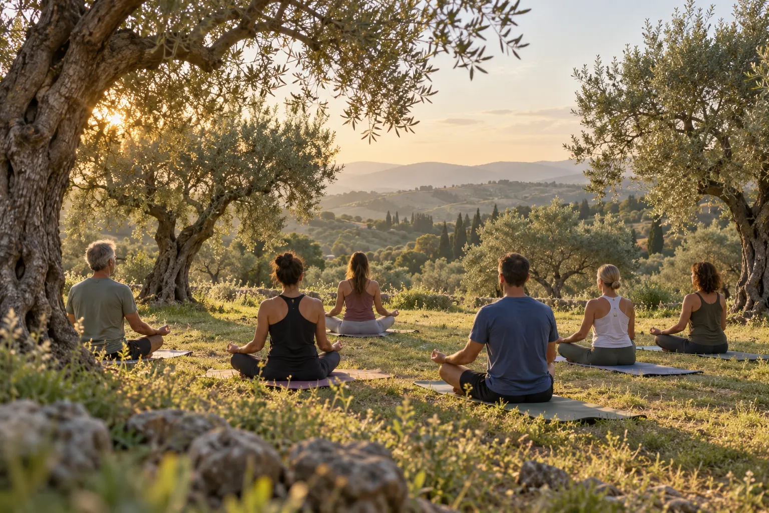Immagine illustrativa di una sessione di yoga in gruppo su tappetini in un uliveto