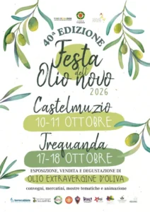 Locandina ufficiale Festa dell’Olio Novo 2026, Trequanda 17–18 ottobre e Castelmuzio 10–11 ottobre