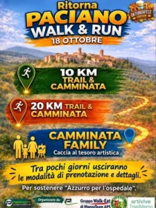 Locandina Paciano Walk & Run del 18 ottobre: trail e camminate da 10 e 20 km, camminata Family, a sostegno di Azzurro per l’ospedale
